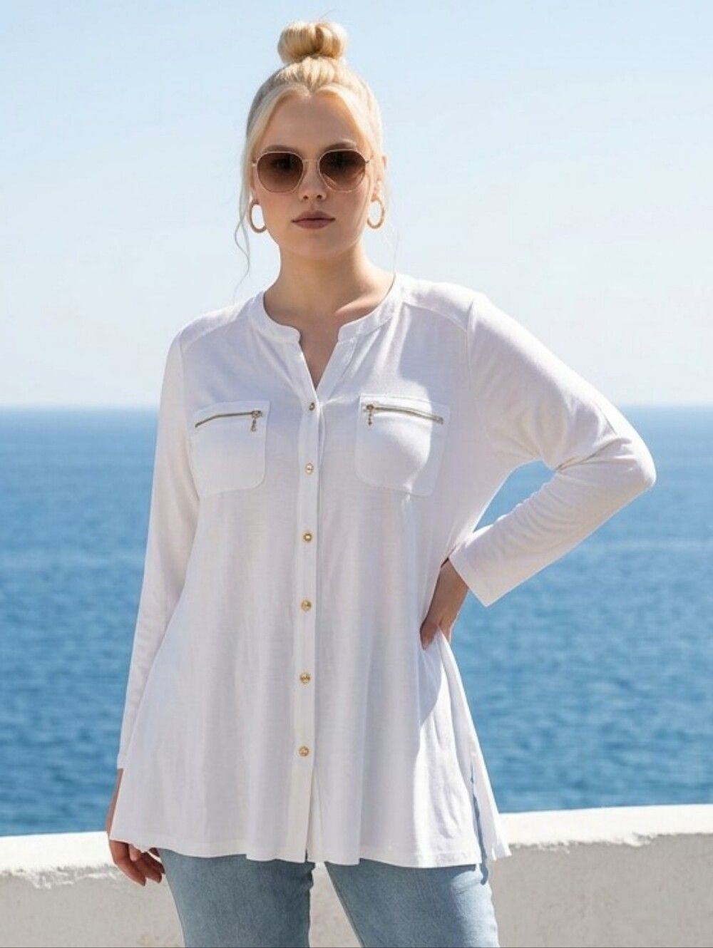 Susan Graver Liquid Knit Tunic 3X Ivory Button Zip Pocket QVC Long Sleeve Top